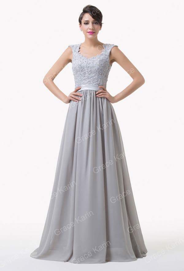 Light grey long evening dress, sleeveless, lace at chest