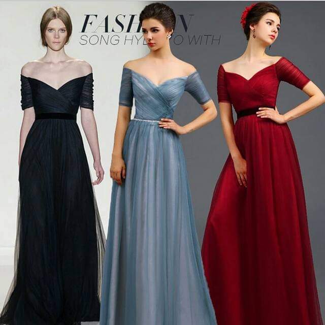 Black off-shoulder long evening dress with half-sleeved, classic style.