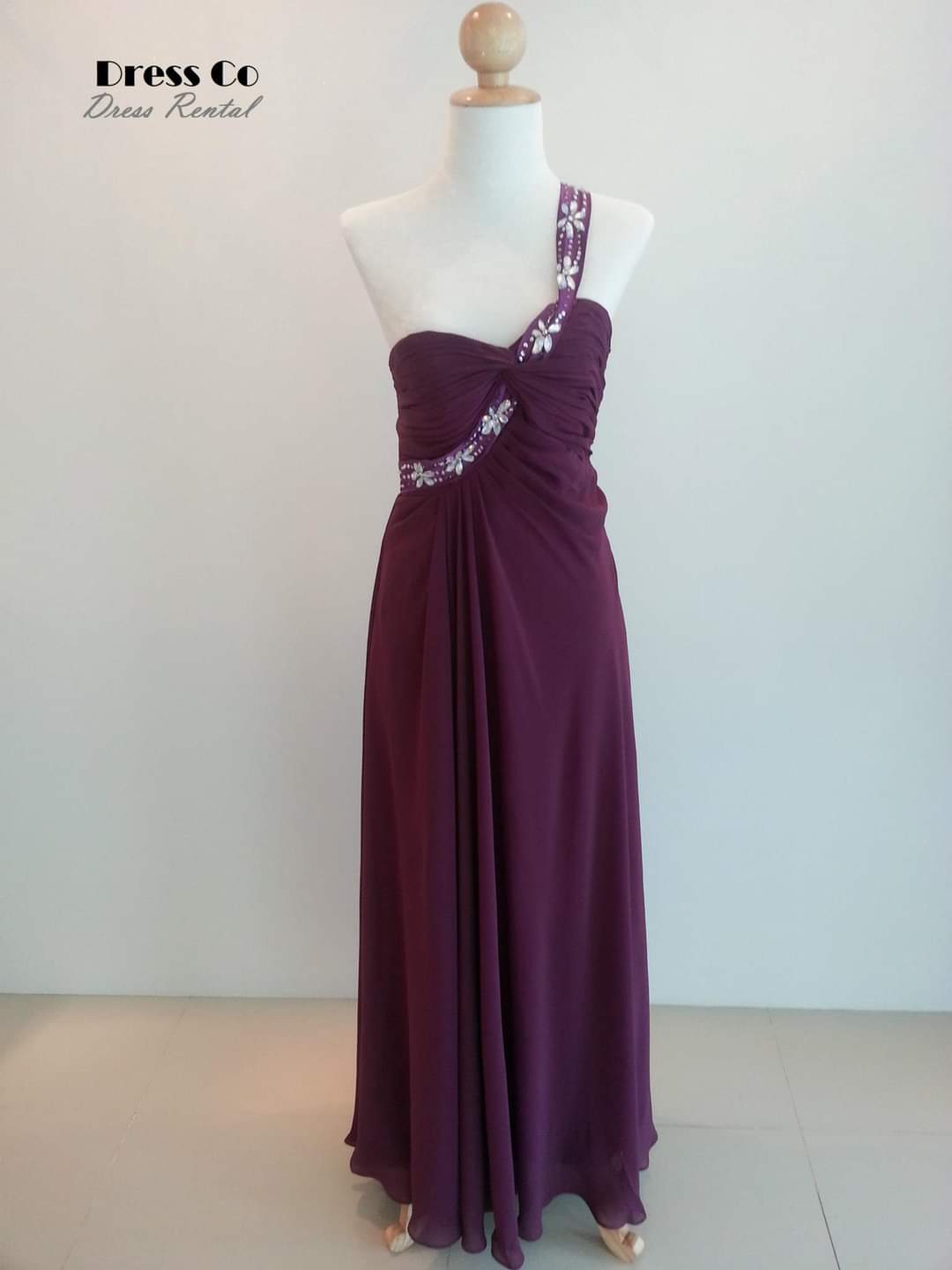Dark purple long evening dress, one shoulder style, front slit, luxurious design