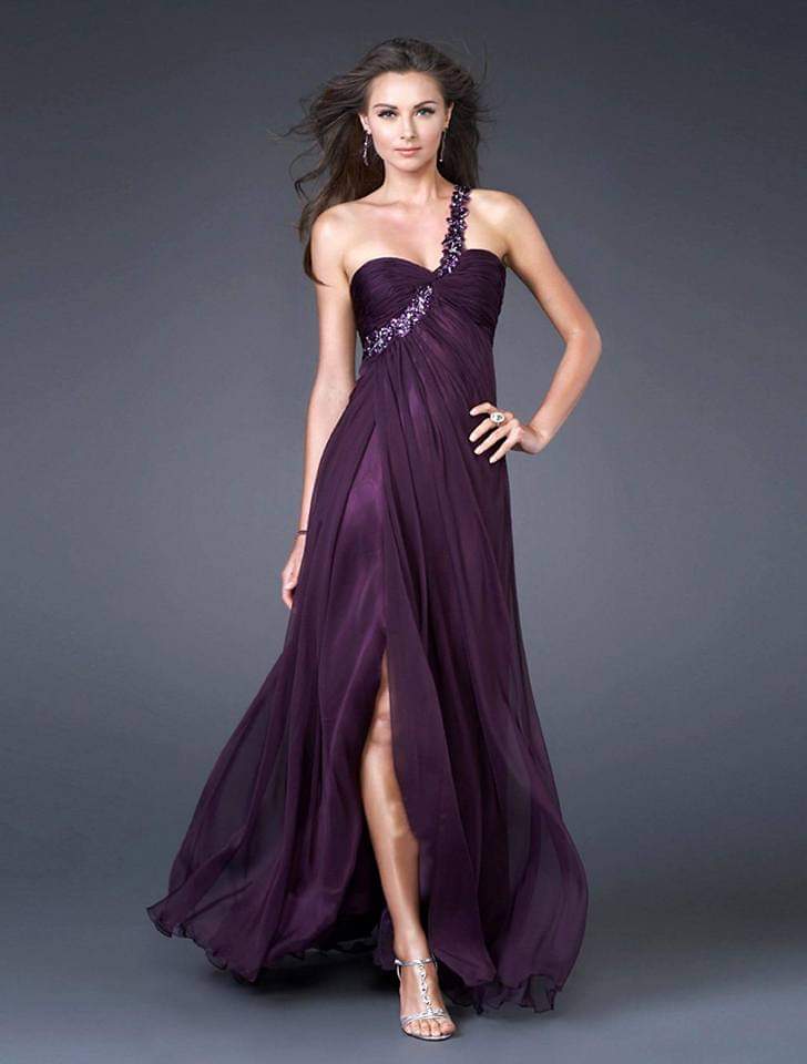 Dark purple long evening dress, one shoulder style, front slit, luxurious design