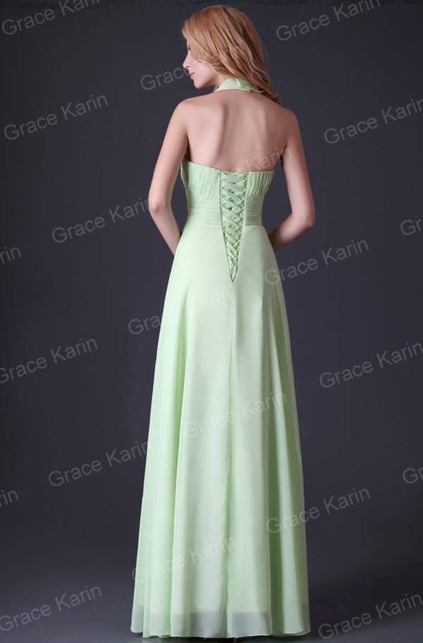 Pastel green long evening dress with a crisscross front, simple and elegant.