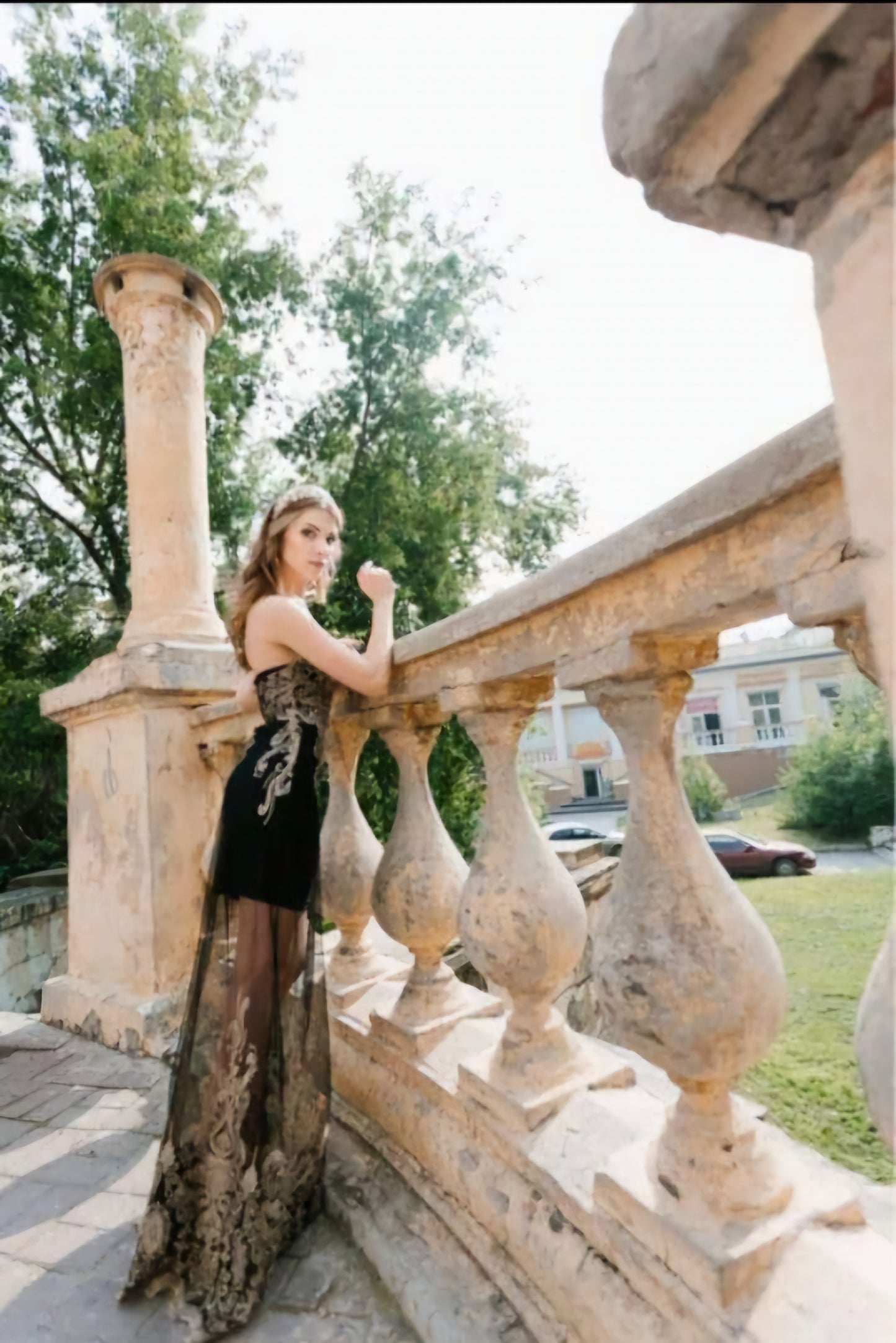Short black evening dress, long mesh fabric, gold embroidery, sweetheart neckline