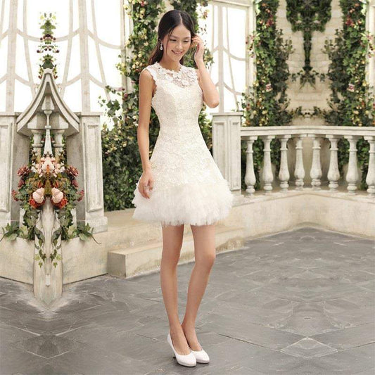 เดรสลูกไม้แขนกุด กระโปรงฟู สีขาว /Sleeveless White Lace Dress with Puffy Skirt