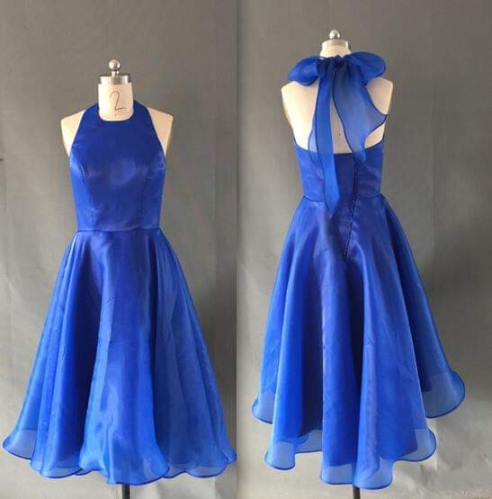 เดรสสีน้ำเงินทรงบาน ผูกโบว์ที่คอ ดีไซน์เปิดหลัง/Royal Blue A-Line Dress with Halter Neck and Back Bow Tie