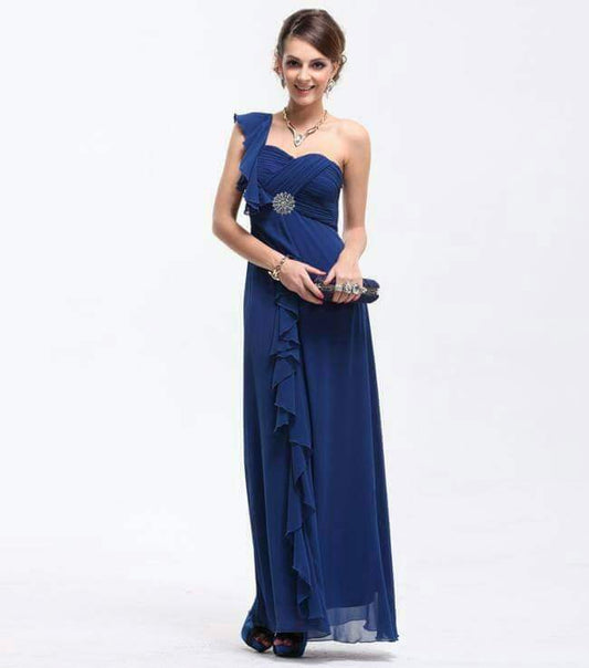 One-Shoulder Ruffle Front Dress - Navy Blue