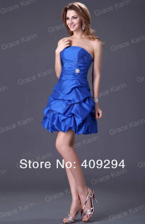 เดรสเกาะอกสั้น สีฟ้าเข้ม ดีไซน์จีบระบาย พร้อมเข็มกลัดคริสตัล/Royal Blue Strapless Ruched Mini Dress with Crystal Brooch