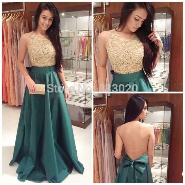 Gold sequined strapless long dress with dark green open back skirt