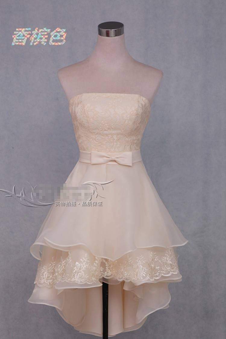 เดรสครีมเกาะอก หน้าสั้นหลังยาว ลูกไม้และโบว์หวาน/Cream Strapless High-Low Dress with Lace and Bow Detail