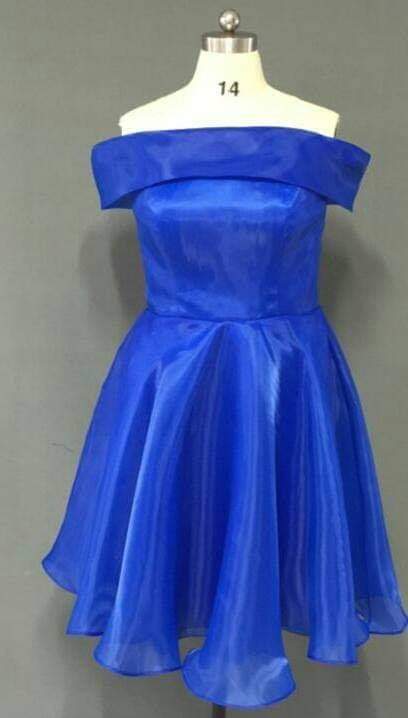 เดรสสั้นเปิดไหล่ผ้าชีฟองสีน้ำเงิน / Royal Blue Chiffon Off-Shoulder Short Dress