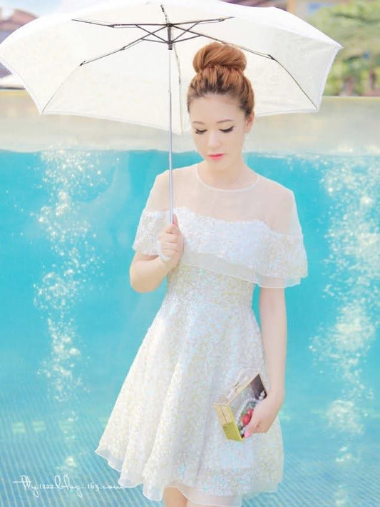 เดรสเปิดไหล่ปักเลื่อม | Iridescent Off-Shoulder White Dress
