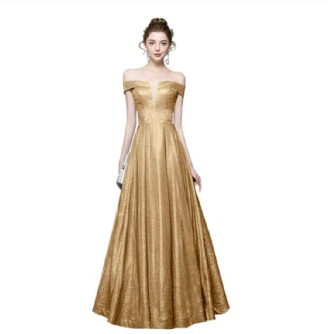 เดรสยาวเปิดไหล่ผ้ากลิตเตอร์สีทอง / Gold Glitter Off-Shoulder Long Dress