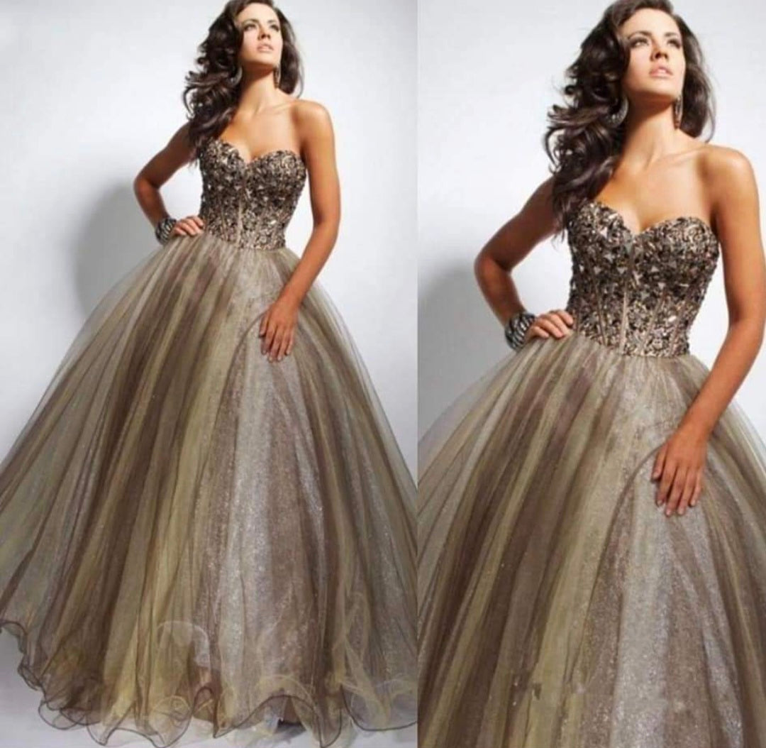 Gold-Brown Sequin Ball Gown Dress / Gold-brown long ball gown dress with luxurious sequin embroidery