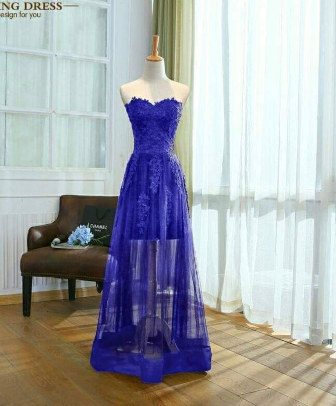 Lace Sheer Evening Dress - Blue