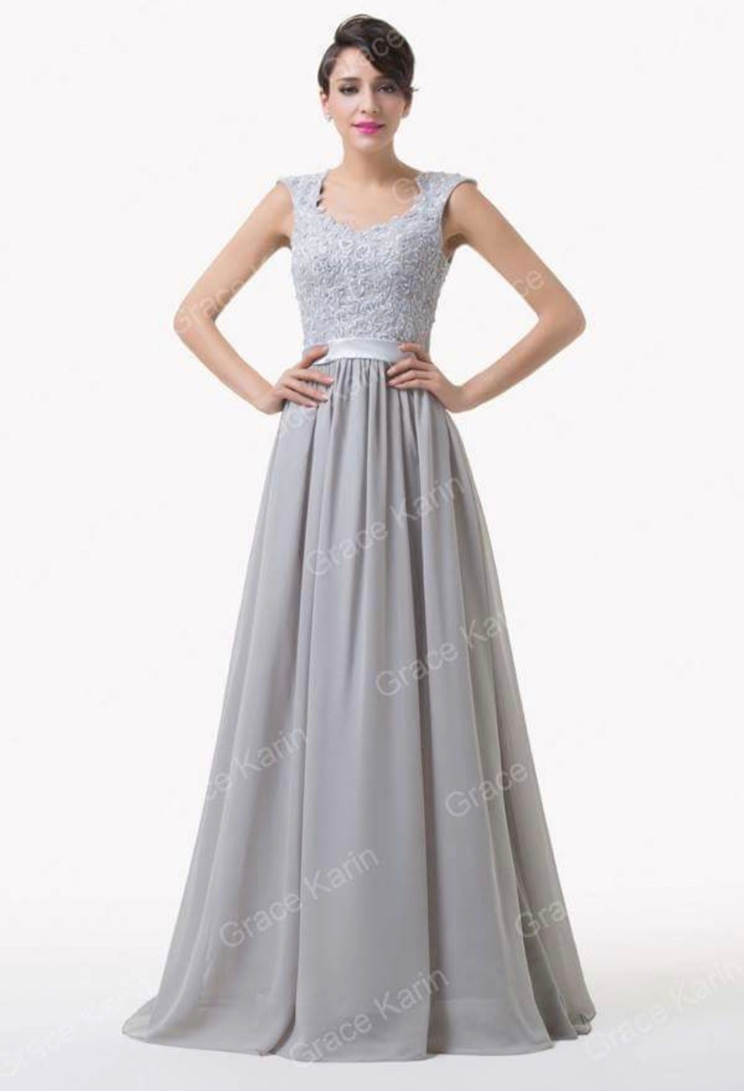 เดรสยาวผ้าชีฟองลูกไม้สีเทา / Grey Lace & Chiffon Long Dress