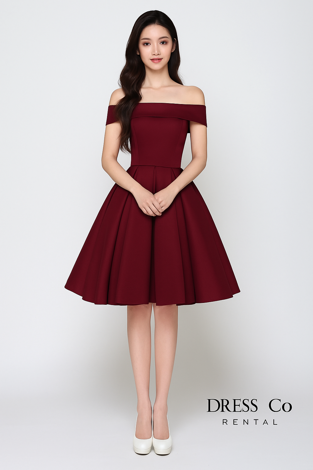 เดรสแดงเข้มเปิดไหล่ทรงสวย / Dark Red Off-Shoulder Satin Dress