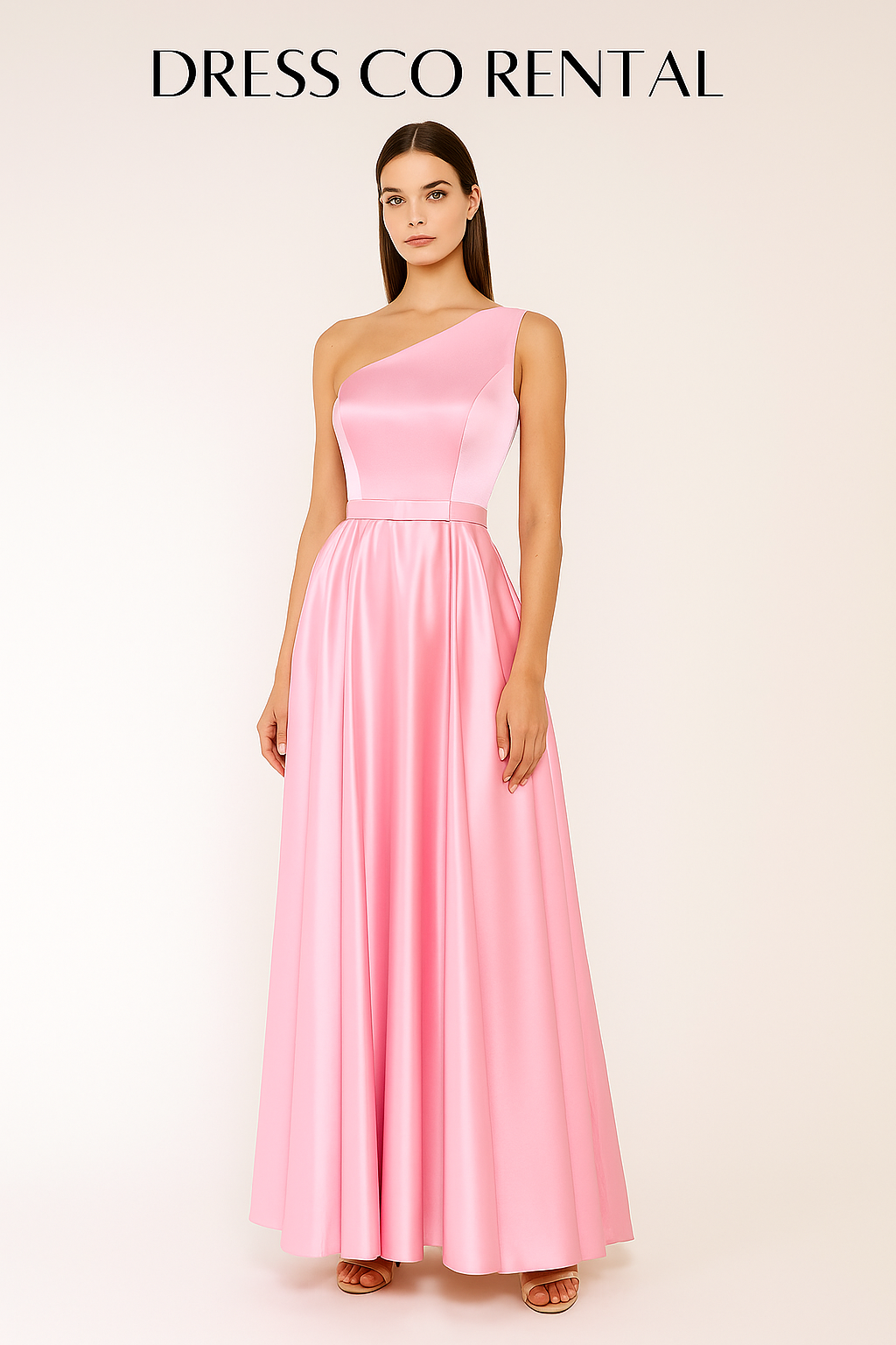 One-shoulder pink evening dress, shiny satin (size S/M)