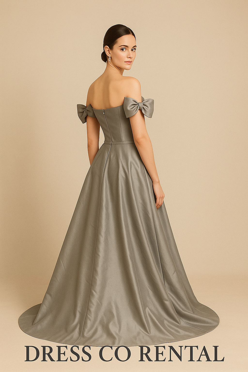 Opal grey satin off-shoulder long dress with shoulder bow