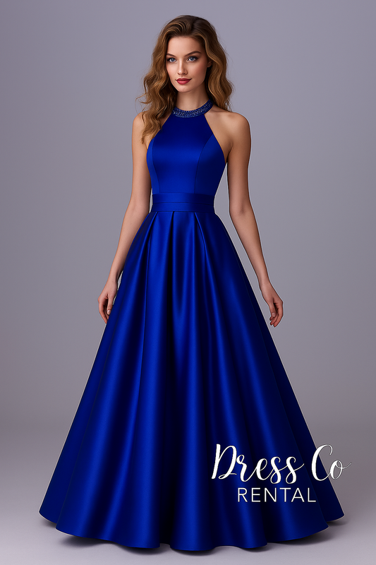 Halter Neck Blue Ball Gown Dress