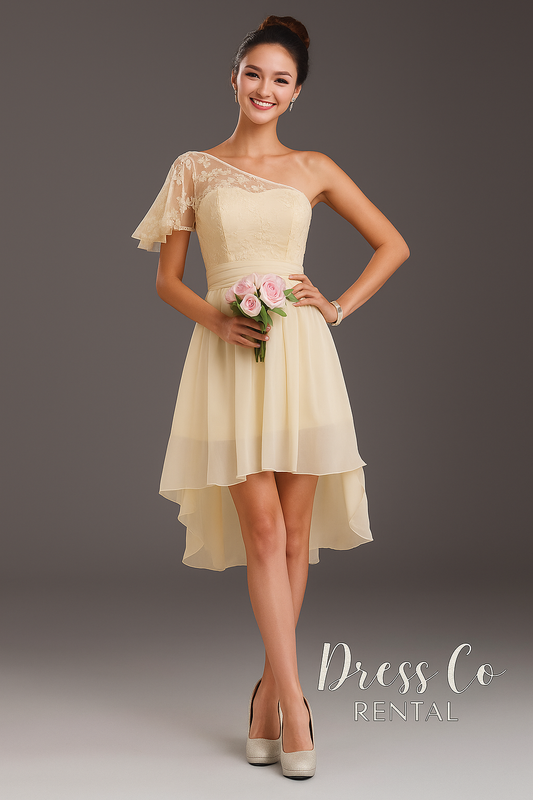 Cream one-shoulder short dress with lace trim