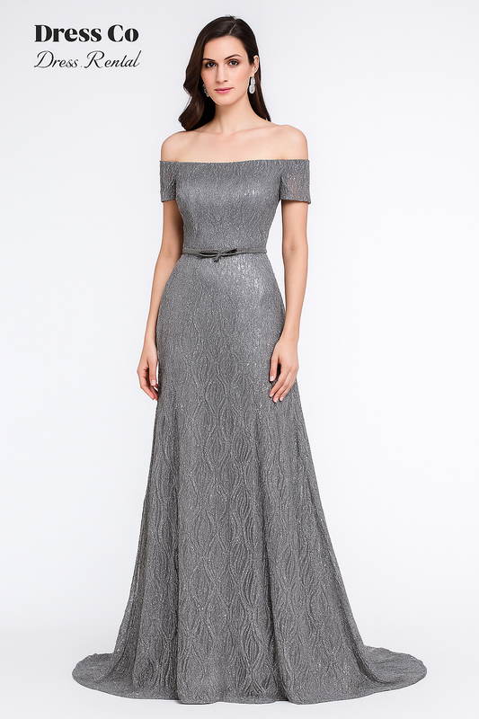 Glitter grey off-shoulder long evening dress with belt