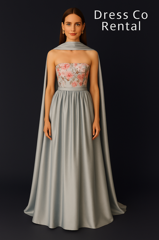 Dark green satin long dress with floral embroidery