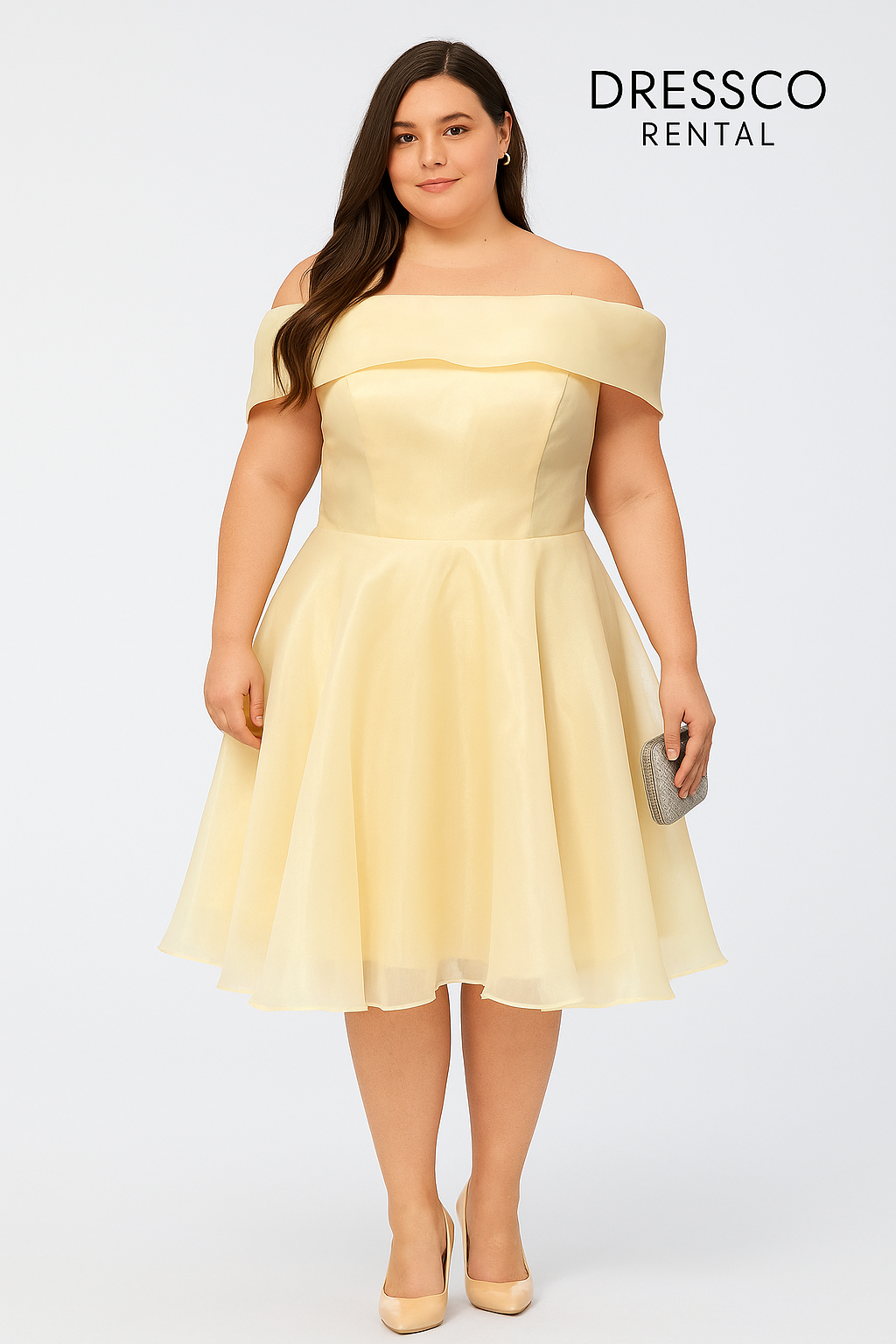 เดรสสั้นเปิดไหล่ผ้าชีฟองสีครีม / Cream Chiffon Off-Shoulder Short Dress