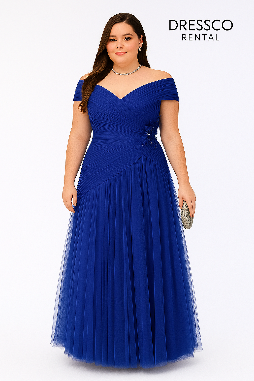 เดรสยาวเปิดไหล่ผ้าชีฟองสีน้ำเงิน / Royal Blue Off-Shoulder Long Chiffon Dress