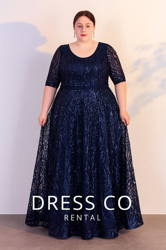 เดรสยาวลูกไม้สีน้ำเงิน ไซซ์ 3XL