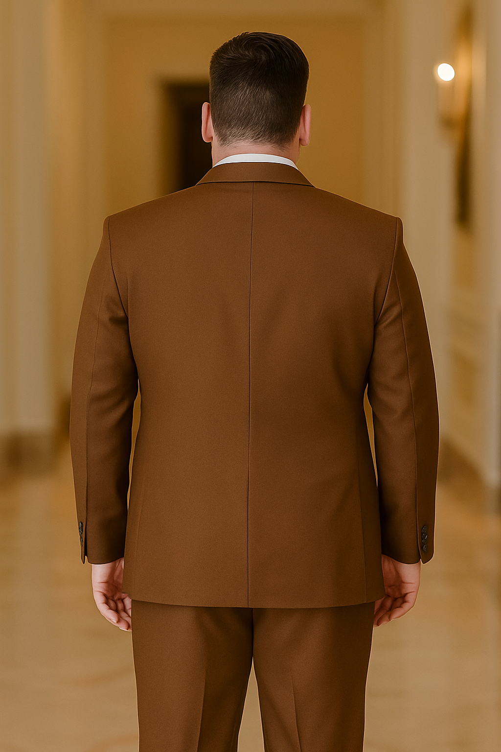 仕立てたてのブラウンスーツ（3XL～6XL）-ノッチラペル、フラップポケット