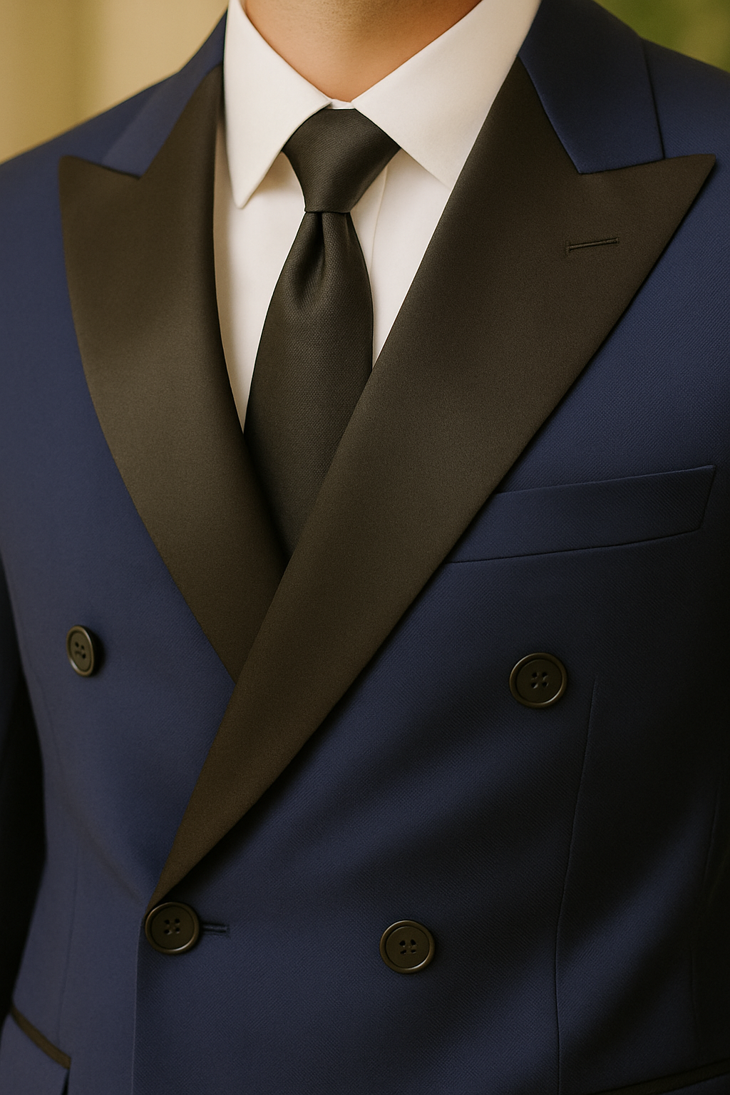 สูทเจ้าบ่าวเช่าตัดใหม่ สีกรมท่าเข้ม ปกแชมเปญหรู | Navy Blue Groom Suit with Satin Lapel – Rental