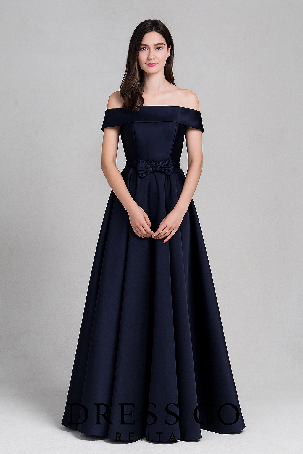 Navy blue off-shoulder long dress with a bow at the waist