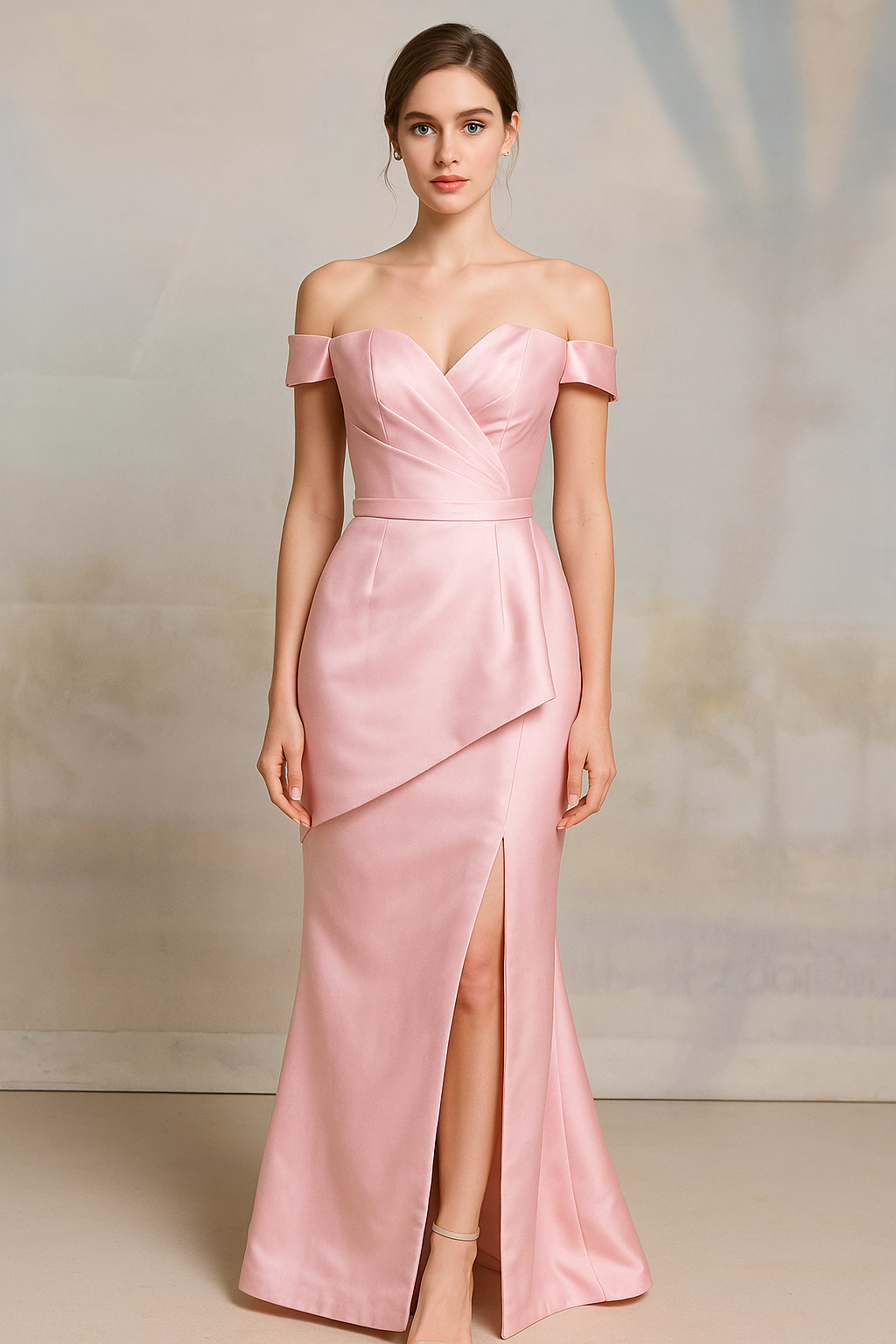 Pink off-shoulder satin fishtail evening dress (size S/M)
