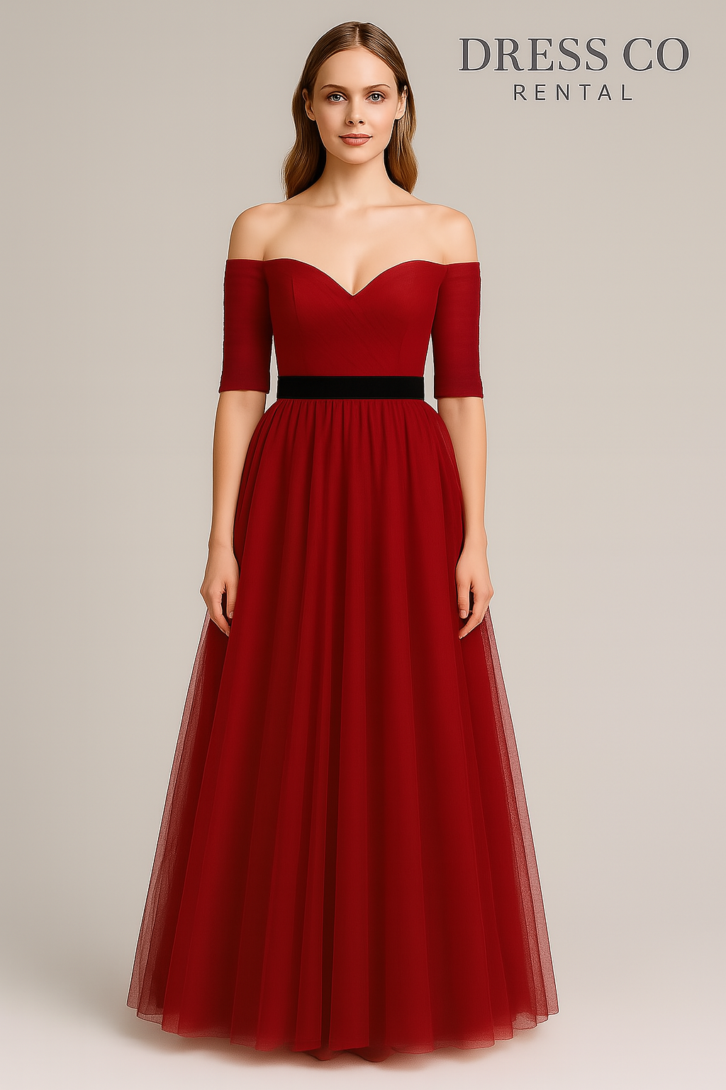 Wine red off-shoulder tulle evening dress
