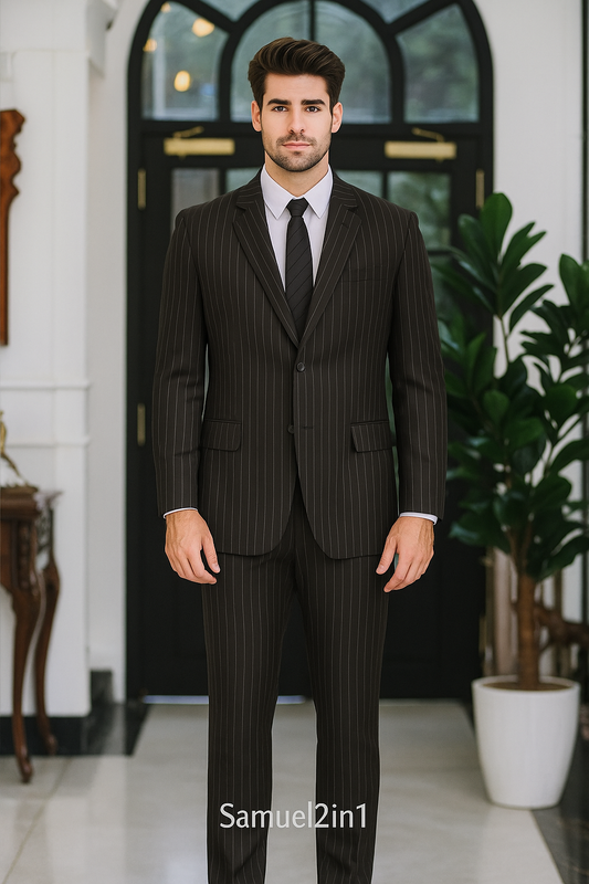 ชุดสูทลายทาง คอปกบ่าแหลม พร้อมกระเป๋าปะ - Striped Suit with Notch Lapel and Flap Pocket