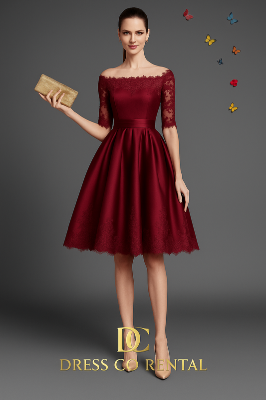 เดรสลูกไม้ไวน์แดง แขนสามส่วน คอปาด/Wine Red Lace Off-Shoulder Dress with 3/4 Sleeves
