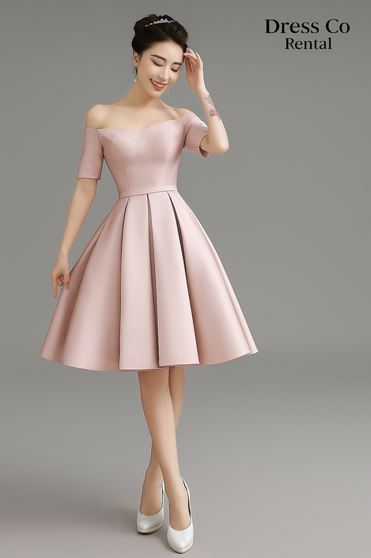เดรสเปิดไหล่ชมพูทรงสุภาพ / Elegant Pink Off-Shoulder Dress