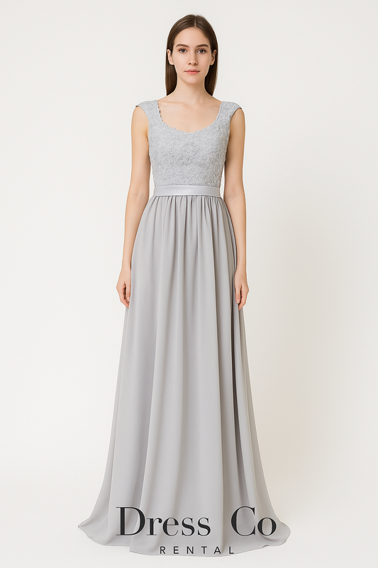 Light grey long evening dress, sleeveless, lace at chest