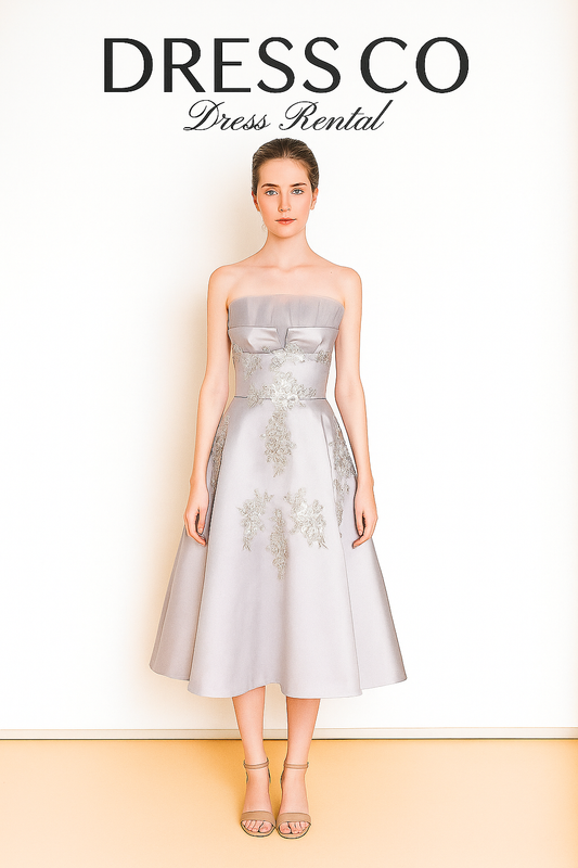 Silver Satin Floral Embroidered Dress – Elegant A-Line