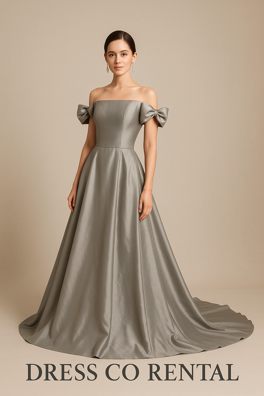 Opal grey satin off-shoulder long dress with shoulder bow