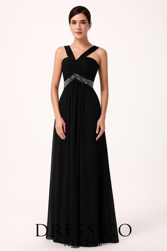 Luxurious black crystal embellished crisscross strap evening dress