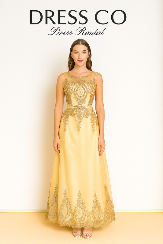 Long gold evening dress with luxurious embroidery, round neck, sleeveless