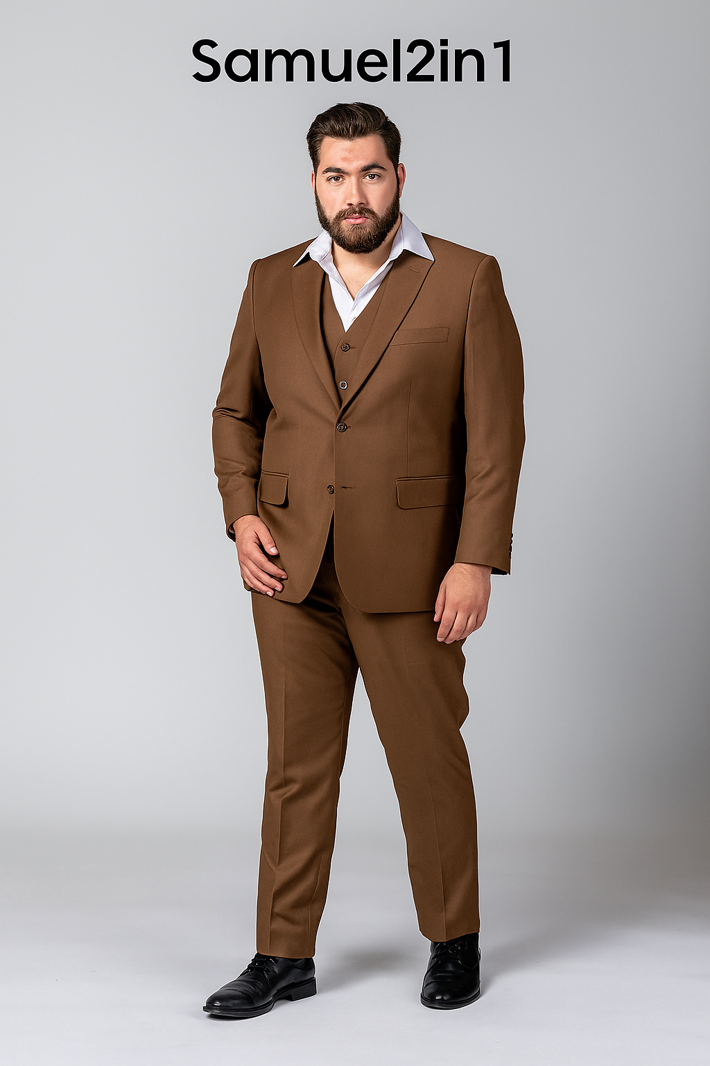 仕立てたてのブラウンスーツ（3XL～6XL）-ノッチラペル、フラップポケット