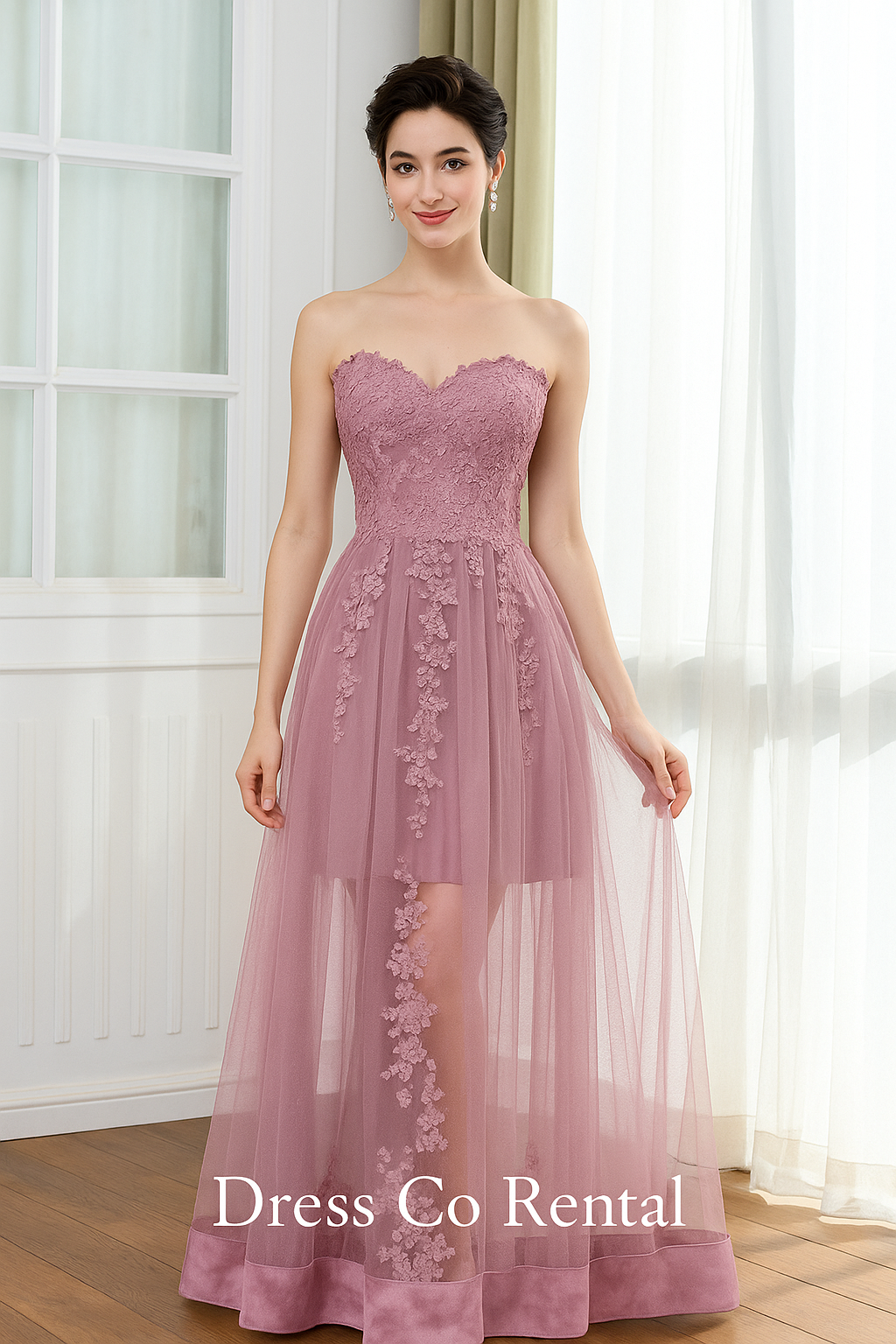 Pink-purple see-through strapless lace evening dress (size S/M)
