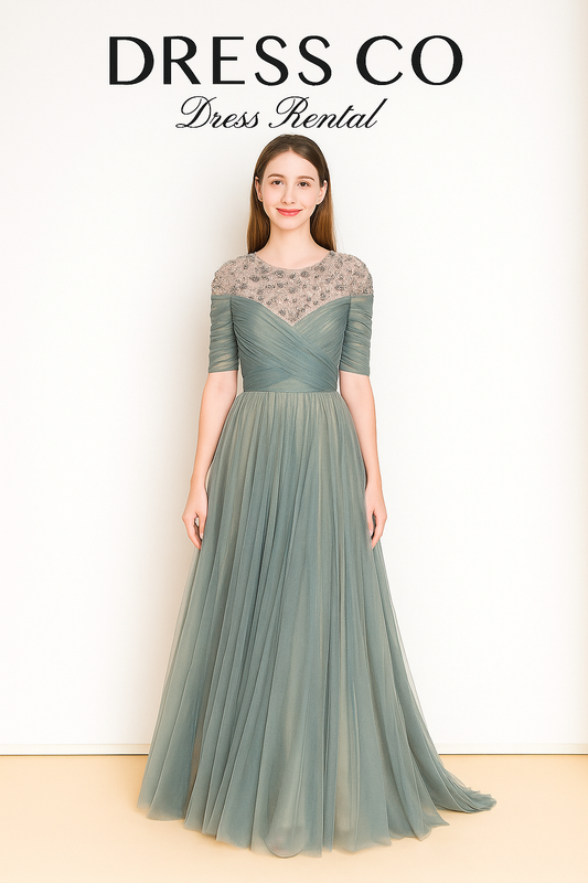 Dark green long evening dress with crystal embellishments and half sleeves