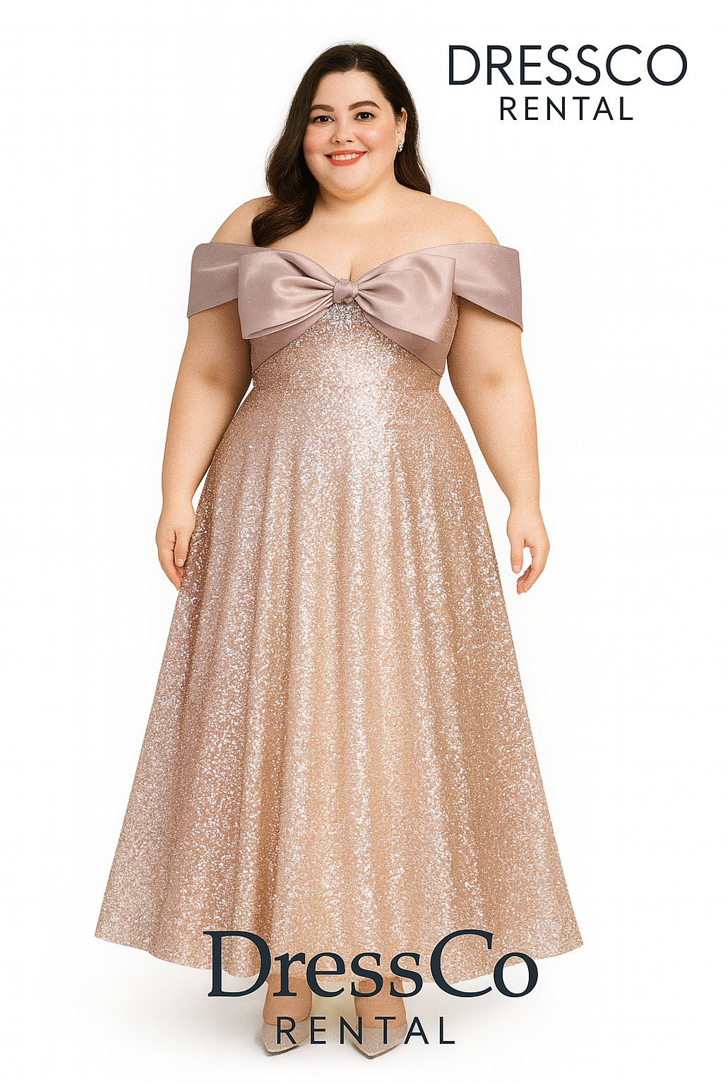 ชุดเดรสกลิตเตอร์โบว์ใหญ่สีชมพูอ่อน / Pink Glitter Gown with Large Bow