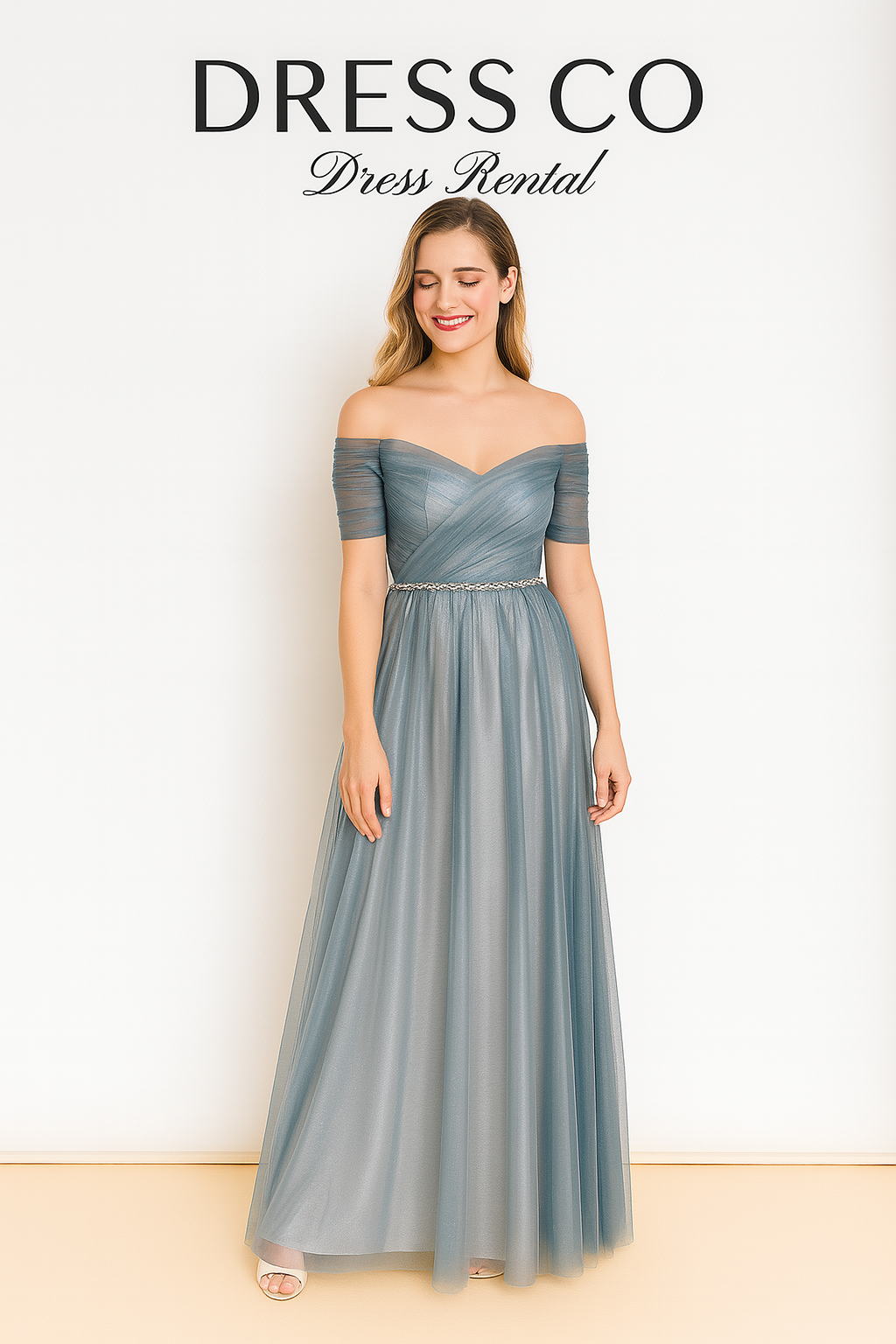 Product name (Thai): Off-shoulder long evening dress, blue-gray, sweet flowing design, decorated with a pearl belt.
