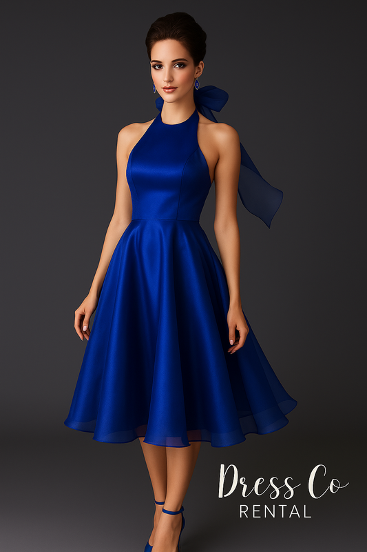 เดรสสีน้ำเงินทรงบาน ผูกโบว์ที่คอ ดีไซน์เปิดหลัง/Royal Blue A-Line Dress with Halter Neck and Back Bow Tie