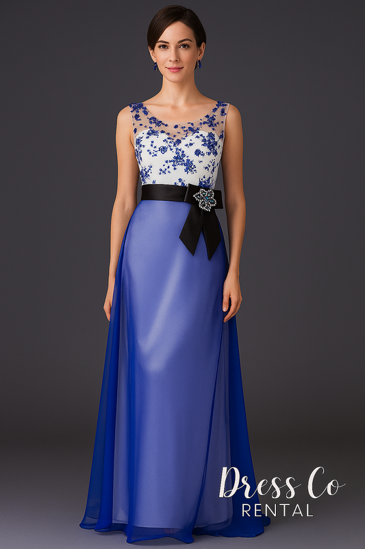 Floral Mesh Neckline Dress - Blue &amp; White