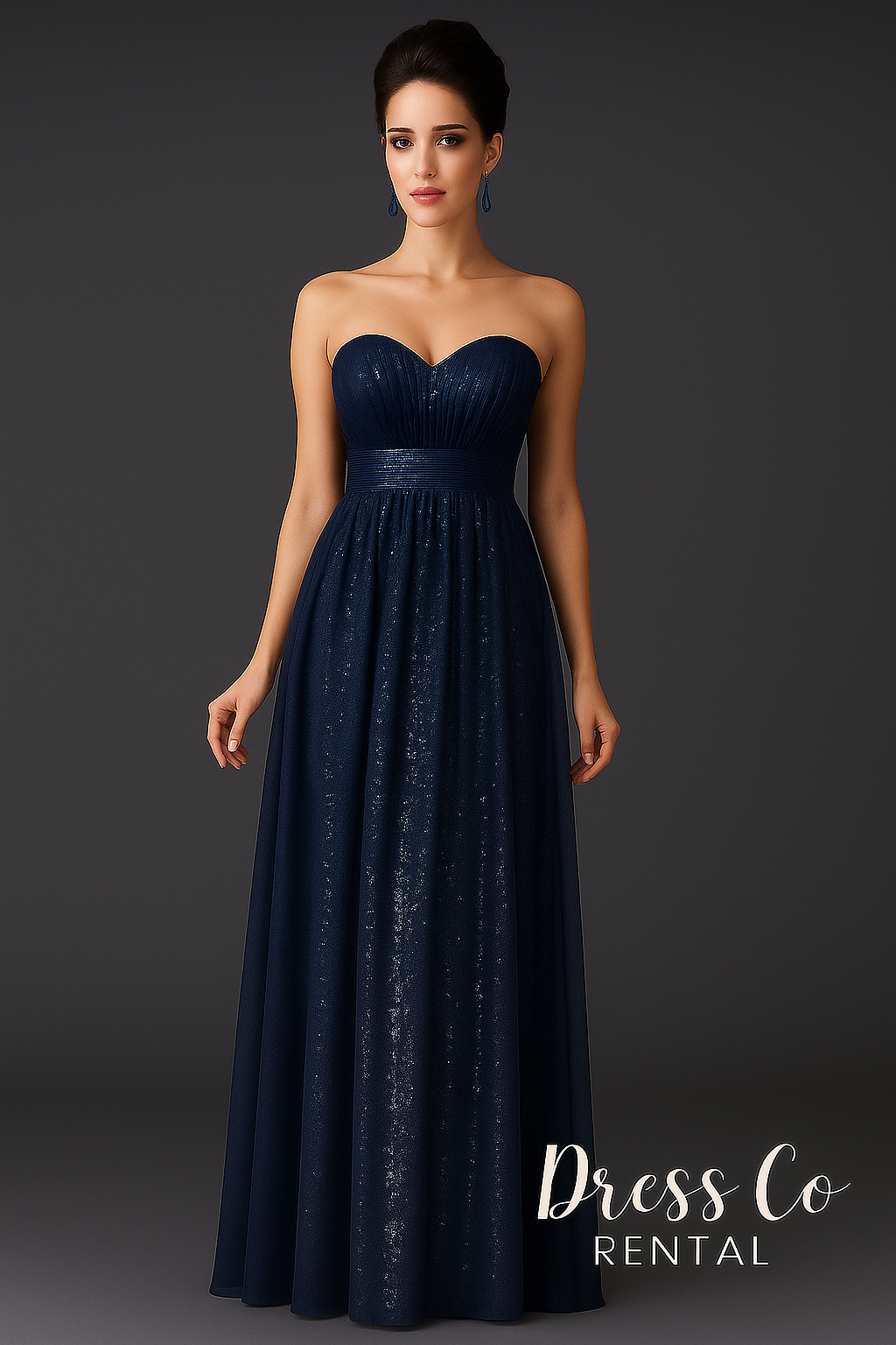 Navy blue strapless long evening dress made of luxurious glittery fabric