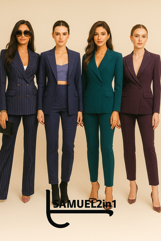 New collection of suits in navy, emerald green, wine purple, and stripes | Elegant Power Suits (Navy, Emerald, Wine, Stripe)